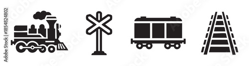 Train railroad crossing tracks car locomotive transportation icons set in a simple black and white vector style, representing railway travel and safety.