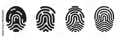 Four distinct fingerprint icons representing security, identity, and biometric authentication technology in a clean, modern vector illustration.
