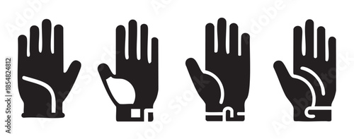 Four black silhouette icons of protective gloves, each with unique design elements, symbolizing safety, hygiene, and various professional or industrial applications.
