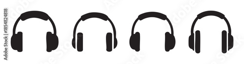Four black silhouette headphones icon set representing various audio devices for listening to music, podcasts, or communication in a minimalist style.