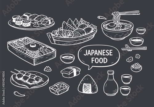 Hand-drawn Collection of Traditional Japanese Food Dishes and Ingredients