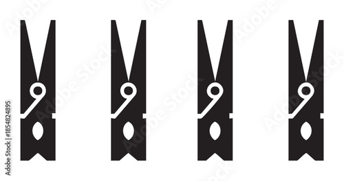 Four black clothespins standing vertically in a row, symbolizing laundry, household chores, and organization with a clean, minimalist design.