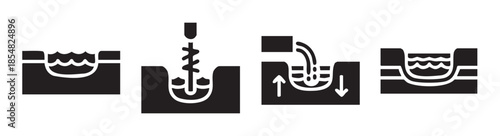Groundwater extraction process icons illustrate drilling and pumping operations for water management and resource utilization in a simplified glyph style.