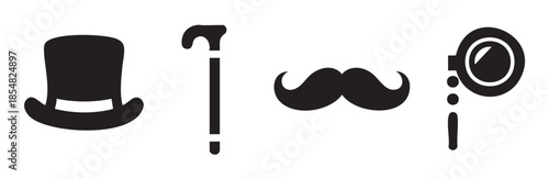 Classic gentleman's accessories are depicted as black silhouettes, including a top hat, walking cane, handlebar mustache, and monocle, evoking a sense of vintage style and mystery.