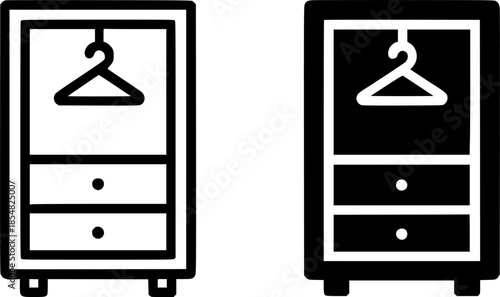 Wardrobe illustration icon, black and white, outline and silhouette versions