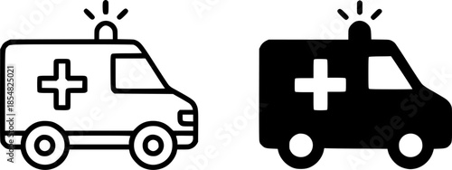 Ambulance illustration icon, black and white, outline and silhouette versions