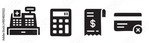 Retail finance transaction icons representing various business operations, accounting processes, and payment methods, including sales, calculation, receipts, and credit card management.