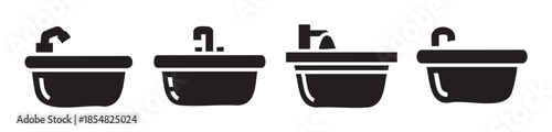 Four different black silhouette sink and faucet icons showcasing various modern bathroom or kitchen plumbing fixtures in a minimalist vector style.