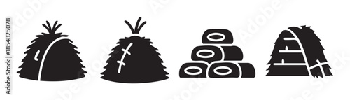 Haystacks and hay bales icon set featuring various forms of dried grass, perfect for farm agriculture, harvest season, and rural themes.