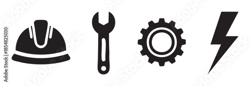Industrial safety helmet, wrench, gear, and lightning bolt icons representing construction, engineering, and electrical power concepts.