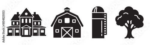 Farm buildings and tree icons set representing rural life, agriculture, and countryside landscapes in a simple graphic silhouette style.