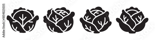 Four black and white stylized cabbage heads vector icons illustrating fresh, healthy organic vegetables, perfect for culinary and dietary themes.