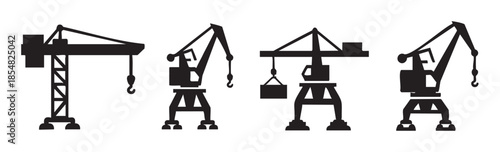 Four different industrial cranes silhouettes representing heavy lifting, construction work, and port operations, showcasing various types of machinery used for large-scale projects.