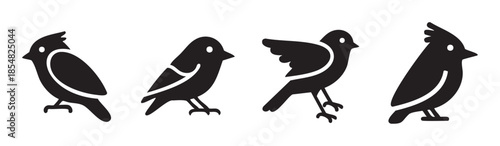 Four black bird icons with various poses and styles showcasing a collection of simple avian designs suitable for graphic elements and logos.