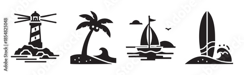 Lighthouse, palm tree, sailboat, surfboard vector icons illustrating popular summer vacation, travel, and coastal destination themes in a minimalist style.