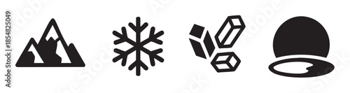 Mountains, snowflake, ice cubes, and iceberg icons represent cold weather, winter seasons, and natural frosty environments in a simple graphic design.