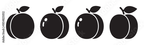 Four black plum fruit silhouettes with leaves and stems arranged horizontally, representing healthy eating and fresh produce in a simple vector icon design.