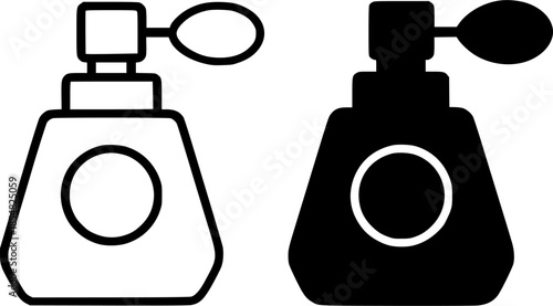 Beautiful perfume bottle illustration icon, black and white, outline and silhouette versions