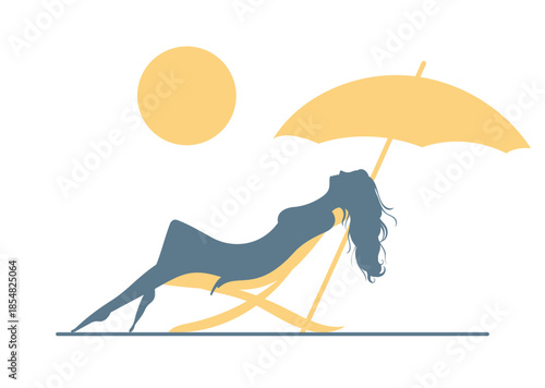 Relaxed Young Woman Sunbathing on Beach Lounger under Umbrella Silhouette