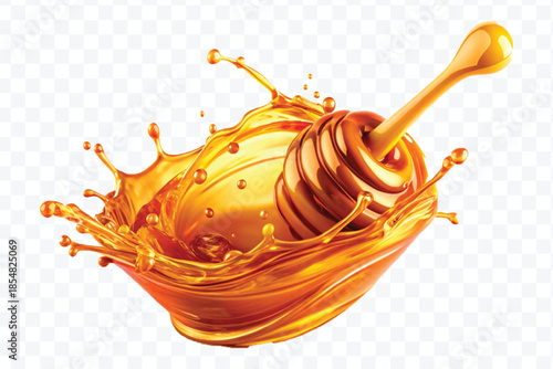 realistic fresh liquid honey or oil splash with drops  in curve style isolated on transparent background