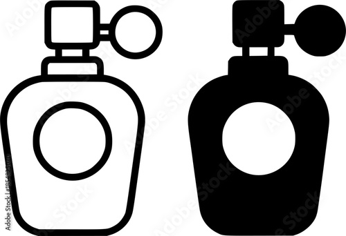 Perfume bottle illustration icon, black and white, outline and silhouette versions
