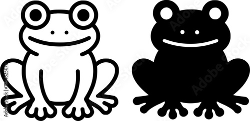 Frog illustration icon, black and white, outline and silhouette versions
