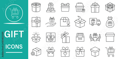 Gift icon set. Containing birthday, bonus, surprise, christmas, price and more concept. Set of 24 icons related to gift box. Vector illustration.