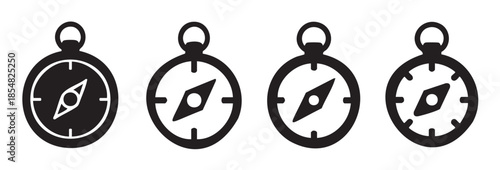Four black and white compass navigation icons representing direction, exploration, travel, and guidance in a simple vector graphic style.