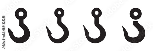 Four black fishing hook icons in a row represent various concepts like fishing, connection, and security, suitable for graphic design elements.