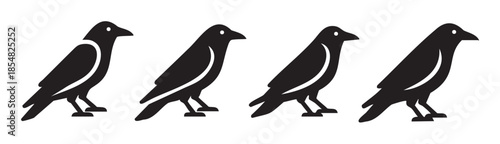 Four black bird raven crow silhouettes standing in a row, depicted as simple, minimalist icons suitable for various design applications.