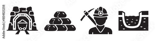 Mining industry process icons illustrate various stages of resource extraction, including the mine entrance, raw materials, a miner, and a processing pit.