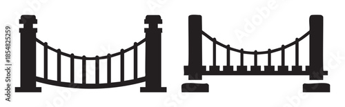 Two stylized black suspension bridge segments are depicted as simple graphic icons, representing infrastructure, connection, and engineering in a modern, minimalist vector illustration.