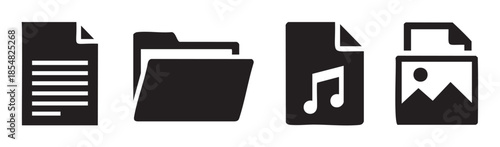 File and folder icons represent various digital data types including documents, music, and images, essential for organizing information on computers and devices.