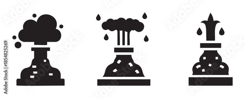 Industrial process icons depicting various environmental activities, including smoke emissions, water treatment, and fluid flow in a simple graphic style.