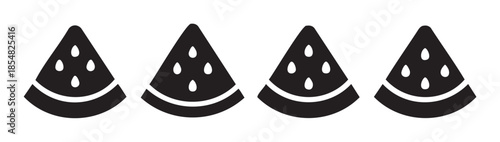Four black watermelon slice icons arranged horizontally in a simple, minimalist graphic design representing summer fruit and healthy eating.