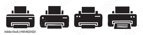 Printer icons set of four distinct styles representing modern office printing technology and various document output devices for digital and physical copies.