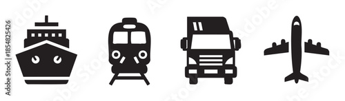 Various transportation icons representing different modes of travel and logistics, including a ship, train, truck, and airplane, for global movement concepts.