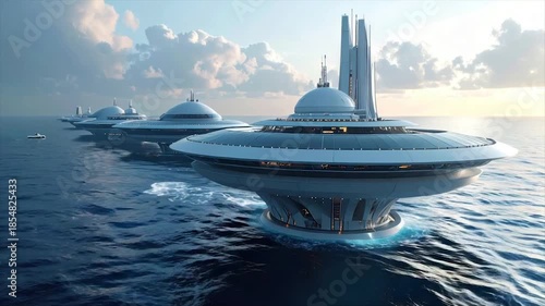 Futuristic ocean city with sleek, domed structures and supporting towers. A small boat moves