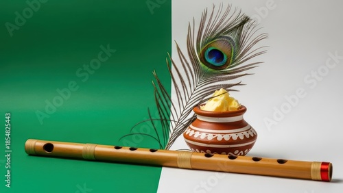 Wallpaper Mural Festive composition featuring flute, peacock feather, and butter for janmashtami celebration Torontodigital.ca