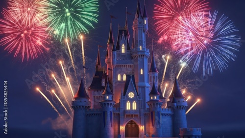 Wallpaper Mural Fantastical castle illuminated by dazzling fireworks display on a festive night Torontodigital.ca