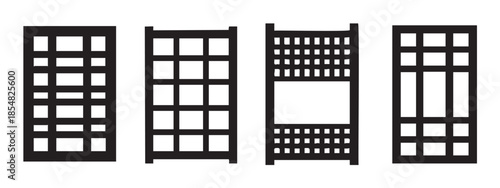 Japanese room dividers vector illustration set featuring various traditional Asian panel designs with intricate grid patterns and shapes.