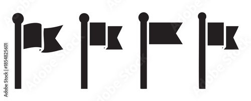 Four black flag icons on poles in a row, representing various concepts like location, goals, and markers in a simple vector graphic style.