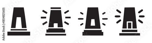 Four different lighthouse beacon icons with light rays symbolizing guidance, safety, and navigation for maritime travel and coastal protection, presented as a vector illustration.