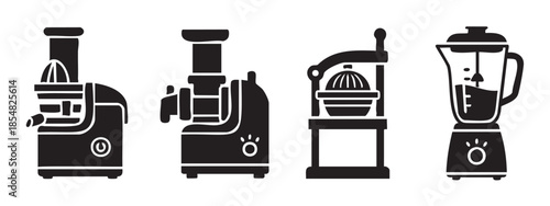Various kitchen juicers and blenders for healthy drinks are depicted in a clean, modern black and white icon set, representing fresh beverage preparation.