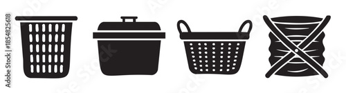 Four different laundry baskets and hampers icon set, representing various styles and designs for household organization and dirty clothes storage.