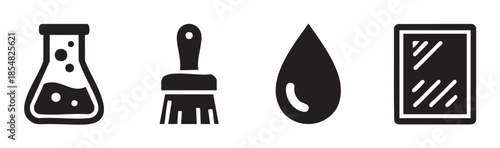 Laboratory flask, paint brush, water droplet, and window icons represent various concepts like science, art, liquid, and cleaning in a simple graphic style.