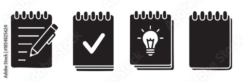 Spiral notebook icons representing various business and creative concepts such as writing, task completion, new ideas, and future planning.