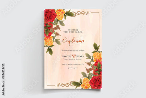 WEDDING INVITATION FRAME WITH FLOWER DECORATIONS AND FRESH LEAVES