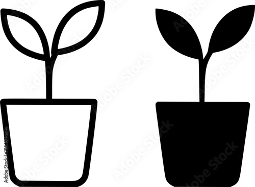 Farming icon, potted plant illustration, black and white, outline and silhouette versions