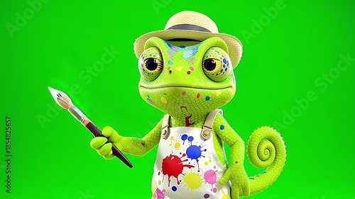 Wallpaper Mural Vibrant 3D chameleon artist in a paint-splattered apron and hat, holding a paintbrush on a green screen, symbolizing creativity and artistic expression Torontodigital.ca